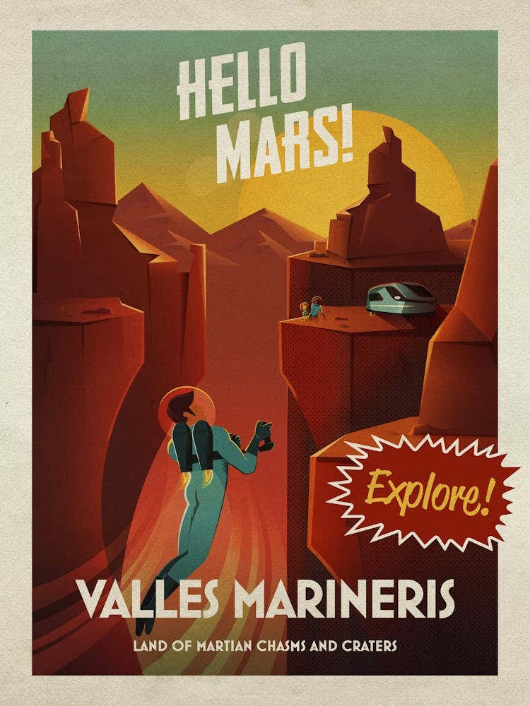 Hello Mars! Valles Marineris — Vintage retro space poster, retrofuturism poster, retro space, propaganda poster