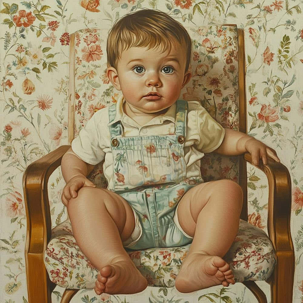 'Baby In Chair' Vintage Painting