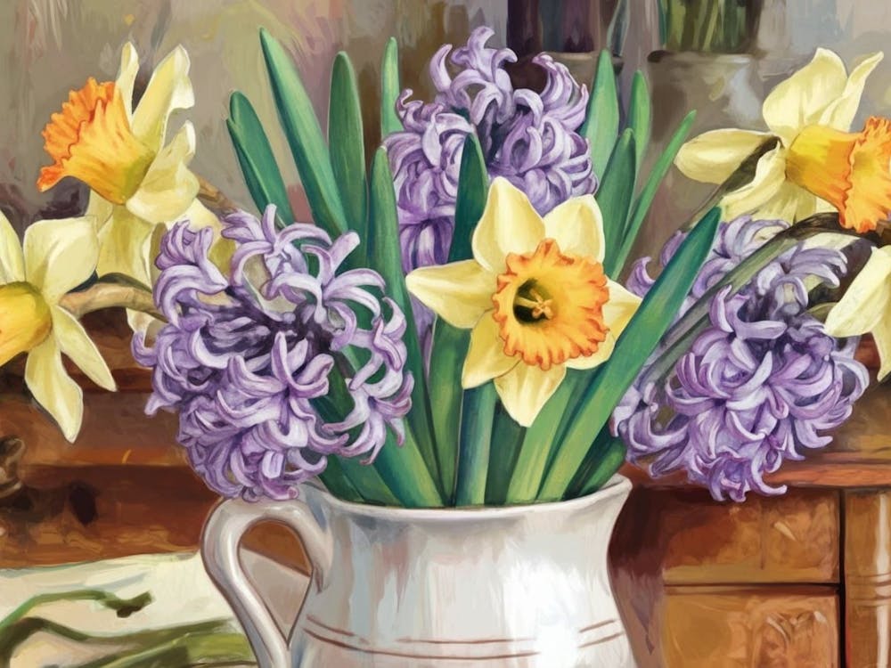 Country Spring Bouquet - Daffodils & Hyacinths Still Life