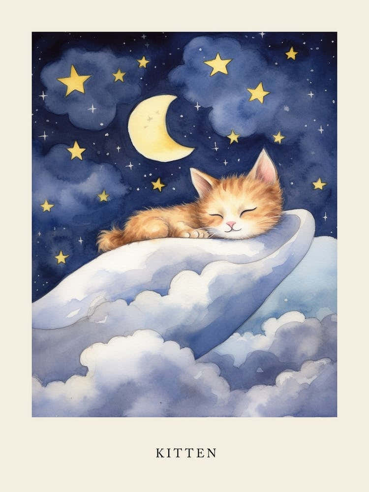 Baby Kitten 11 Sleeping In The Clouds Nursery Poster