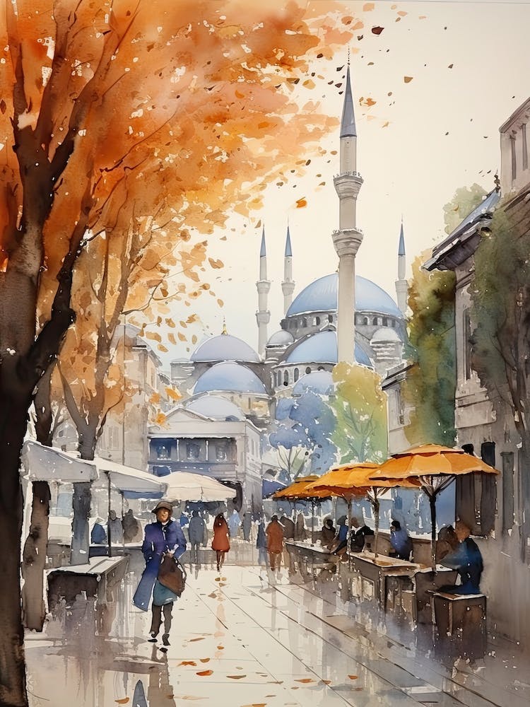 Istanbul Turkey In Autumn Fall, Watercolour 4