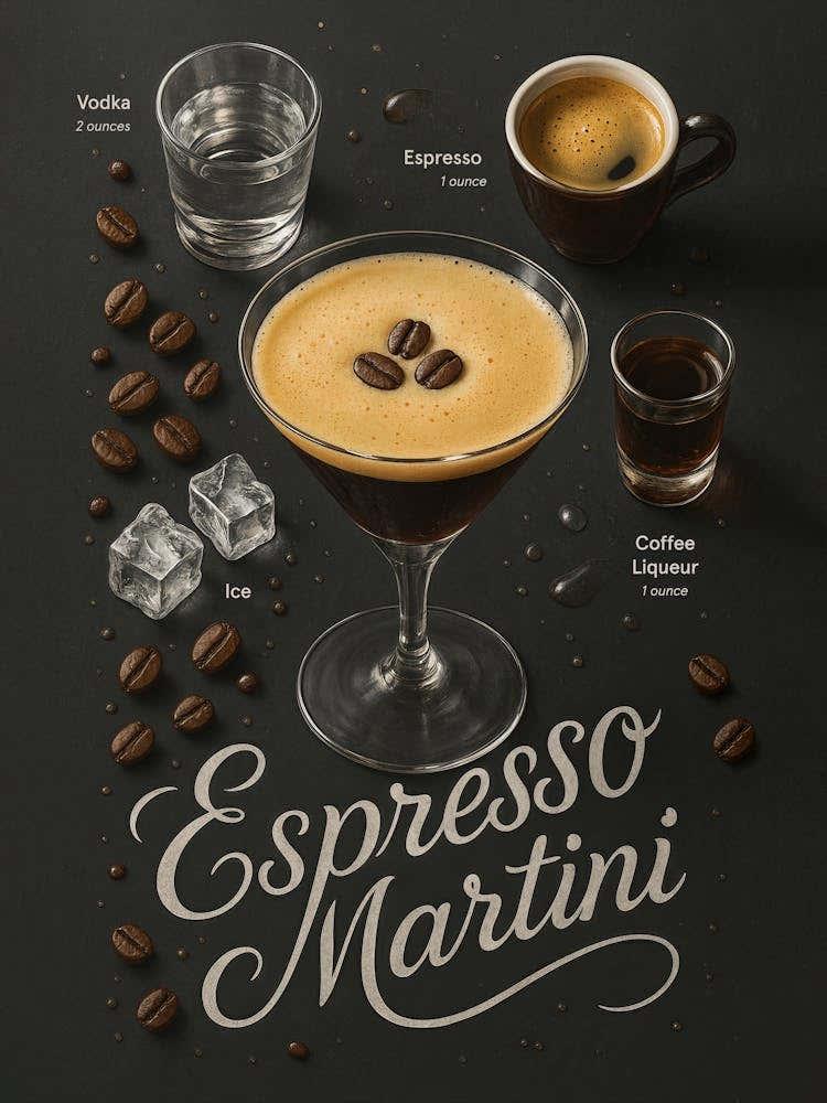 Espresso Martini Poster – Coffee Cocktail Recipe: This stylish espresso martini blends vodka, rich coffee, and morning energy in one perfect drink. A sleek kitchen or bar poster for cocktail lovers – with coffee beans, alcohol, and bold typography – ideal