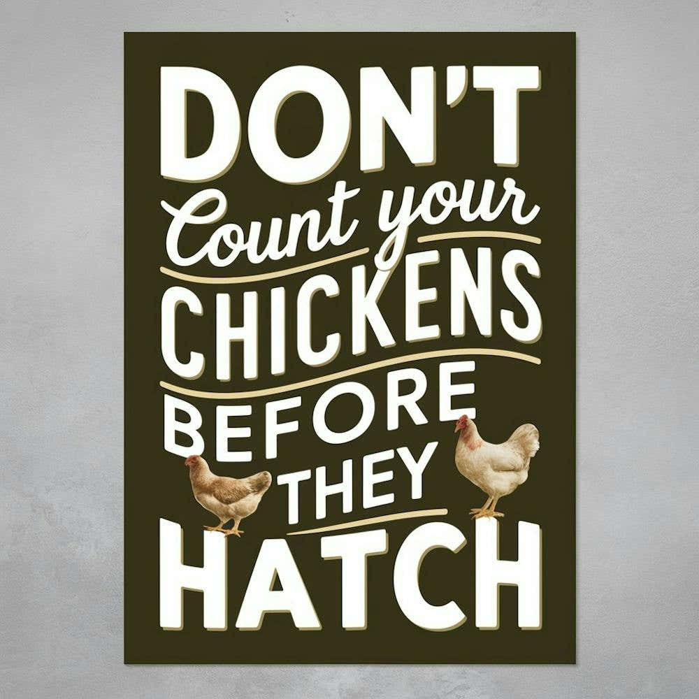a poster feachuring the saying "Don't count your chickens before they hatch."