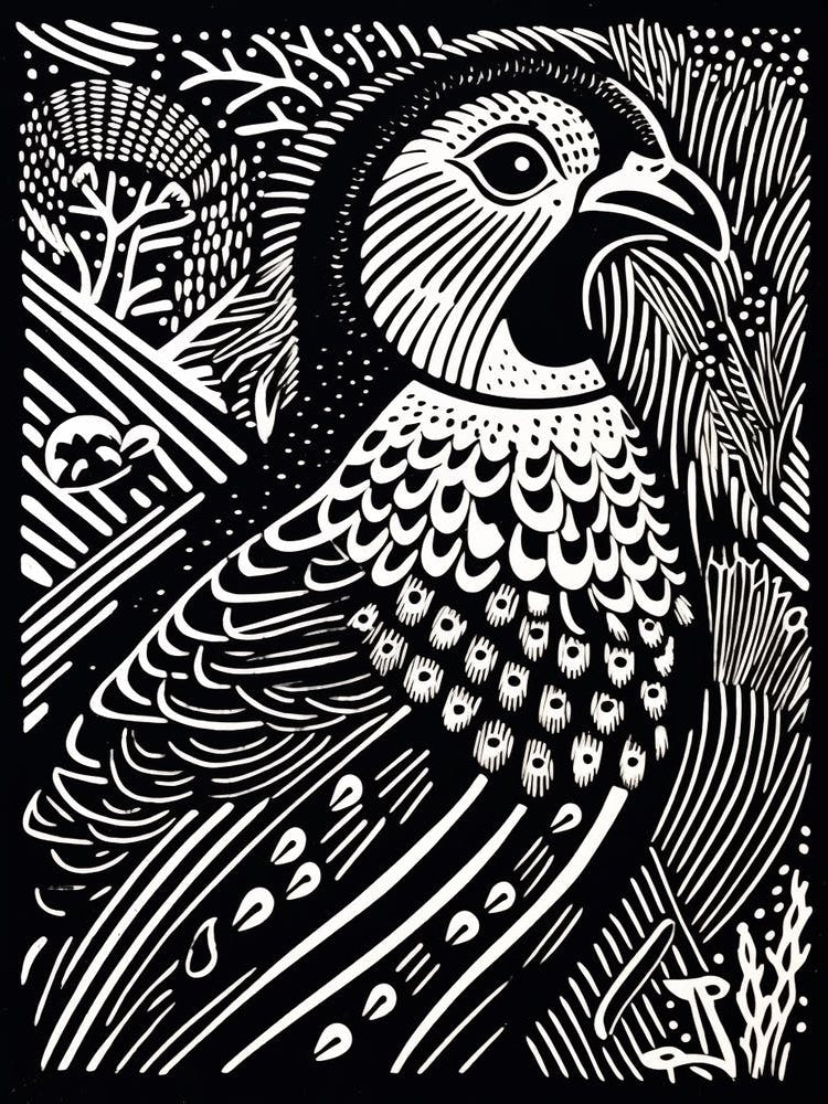 B&W Bird Linocut Pheasant 7