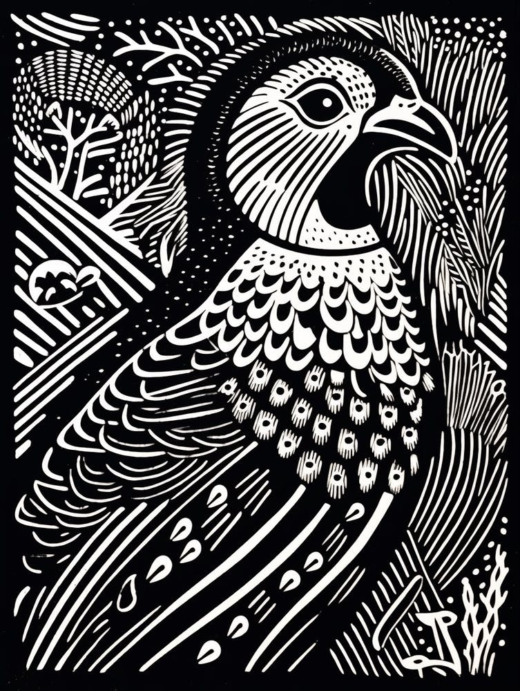 B&W Bird Linocut Pheasant 7