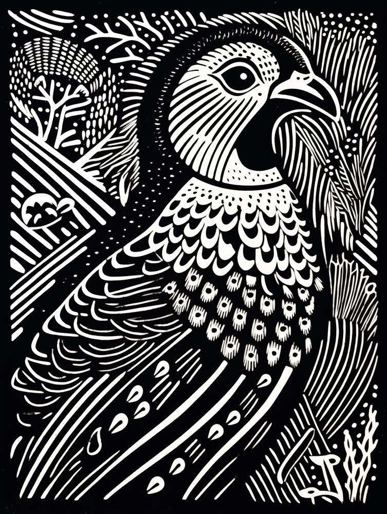 B&W Bird Linocut Pheasant 7