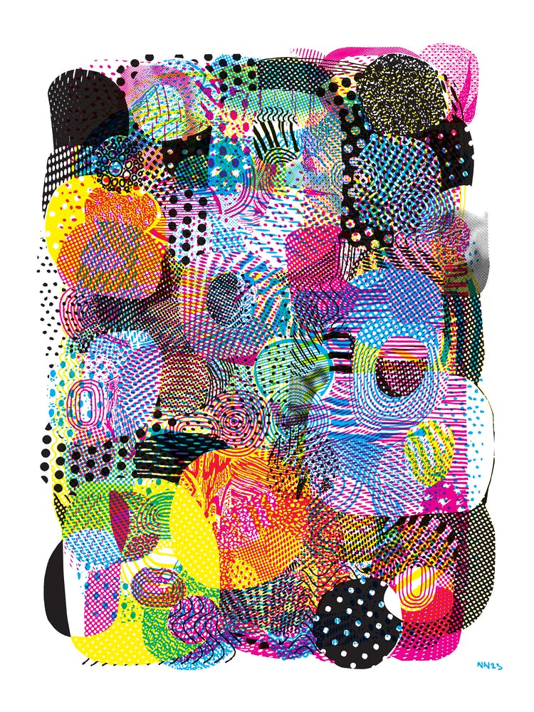 I ❤️ CMYK Halftones in Cyan, Magenta, Yellow, and Black.