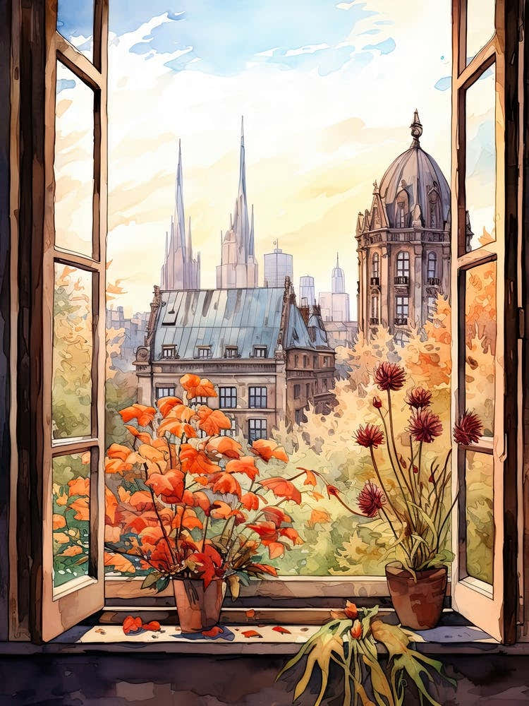 Window View Of Frankfurt Germany In Autumn Fall, Watercolour 3