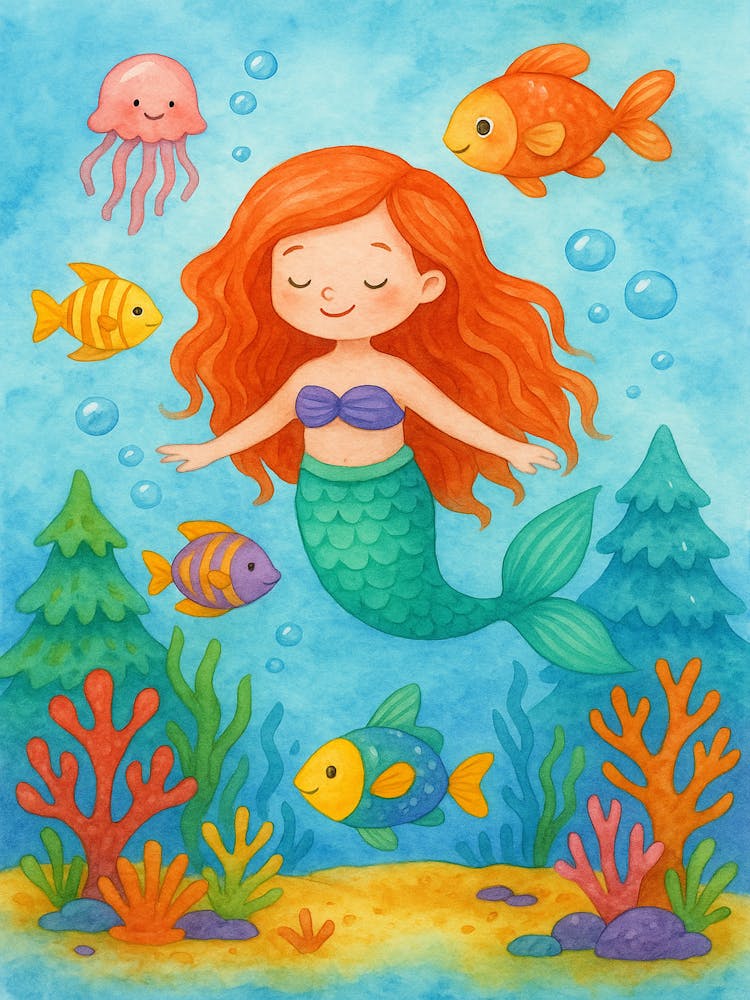 Whimsical Mermaid Under the Sea – Cute Kids Wall Art Ocean Nursery Decor Colorful Watercolor Illustration