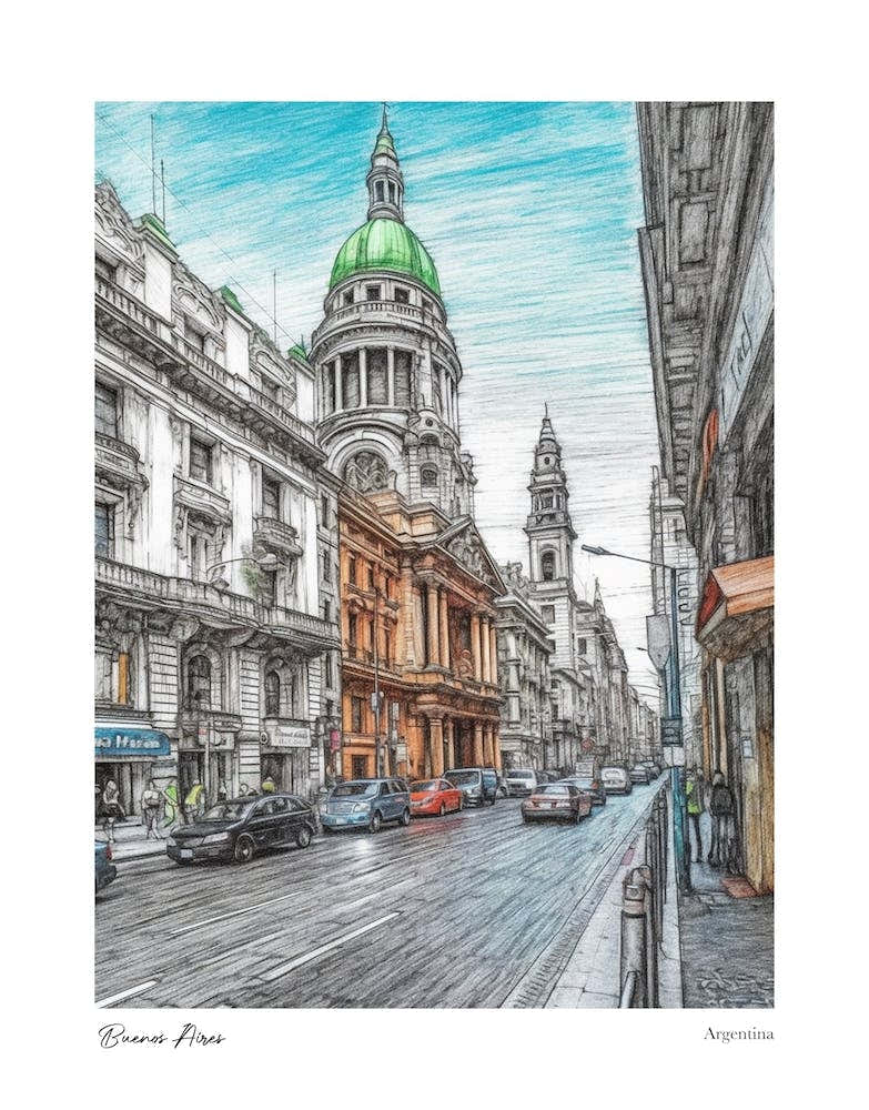 Buenos Aires Argentina Drawing Pencil Style 2 Travel Poster