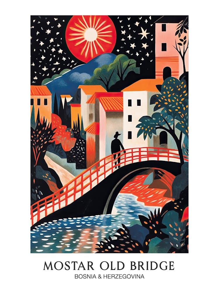 Mostar Old Bridge, Bosnia & Herzegovina Colourful 2 Travel Poster