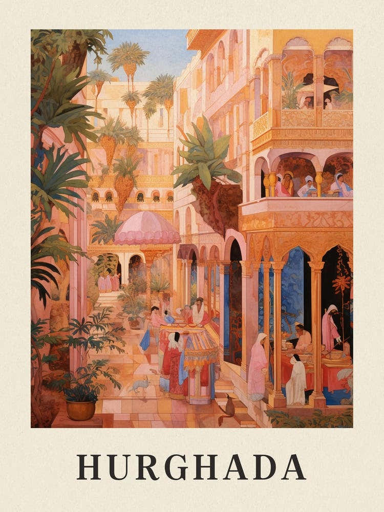 Hurghada Egypt 3 Vintage Pink Travel Illustration Poster