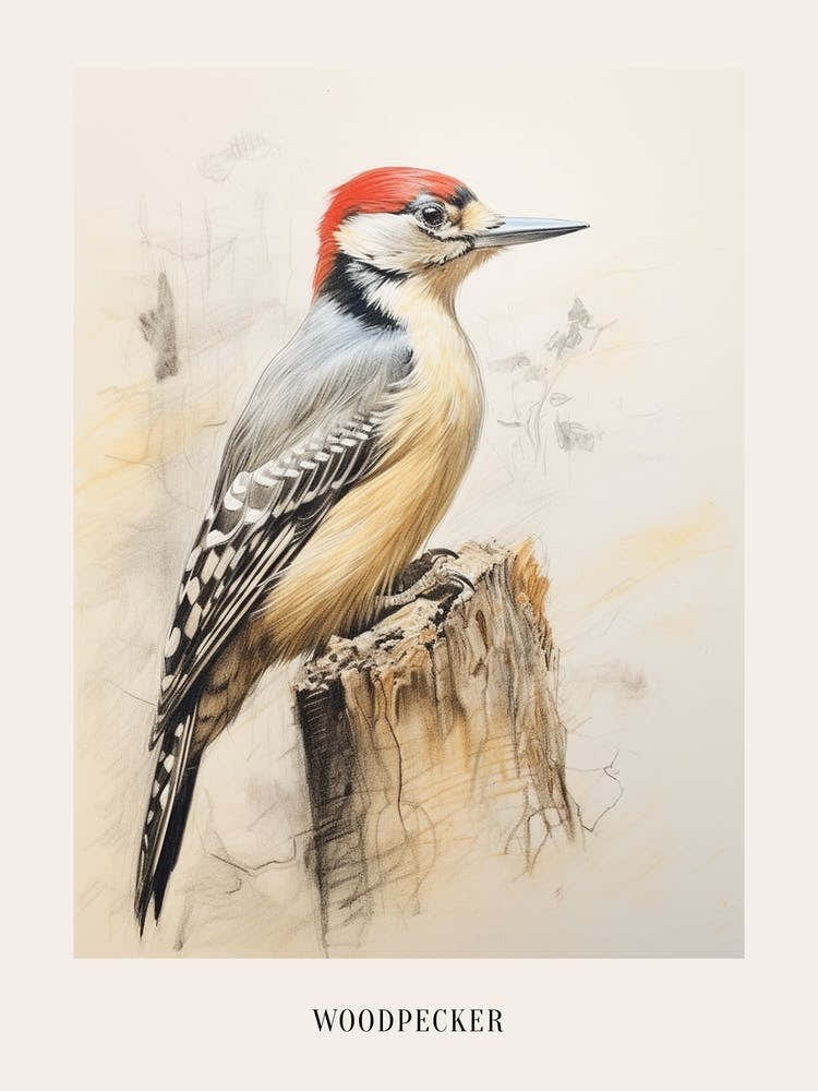 Vintage Bird Drawing Woodpecker 3 Poster