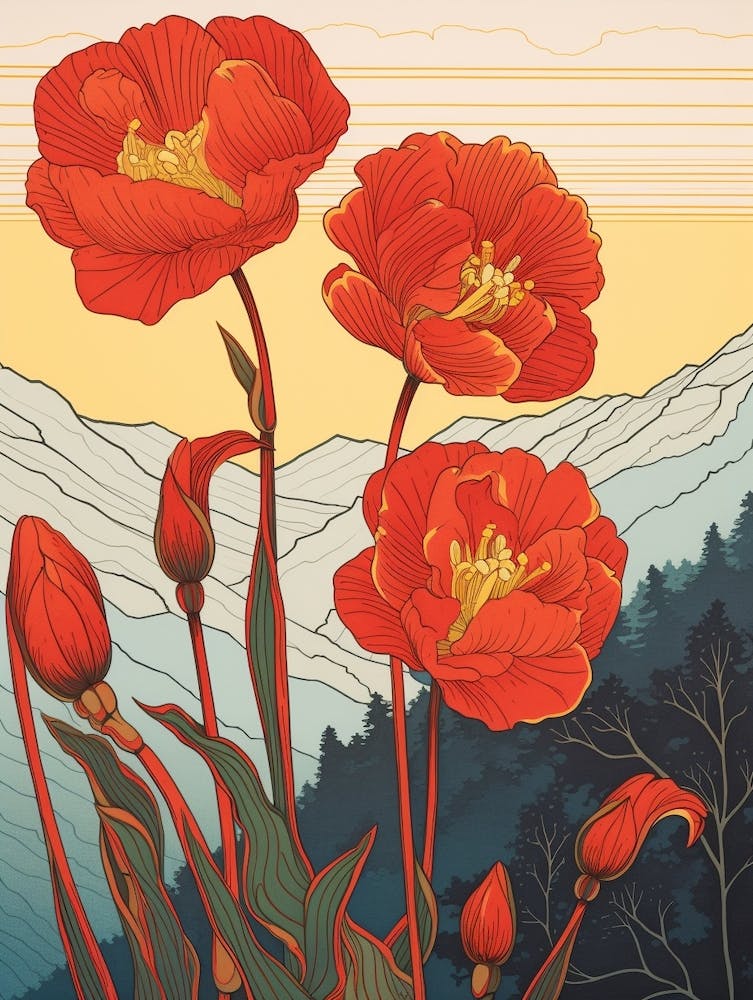Red Tulips Mounatin Landscape 2