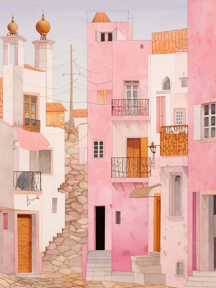 Faro Portugal 5 Vintage Pink Travel Illustration