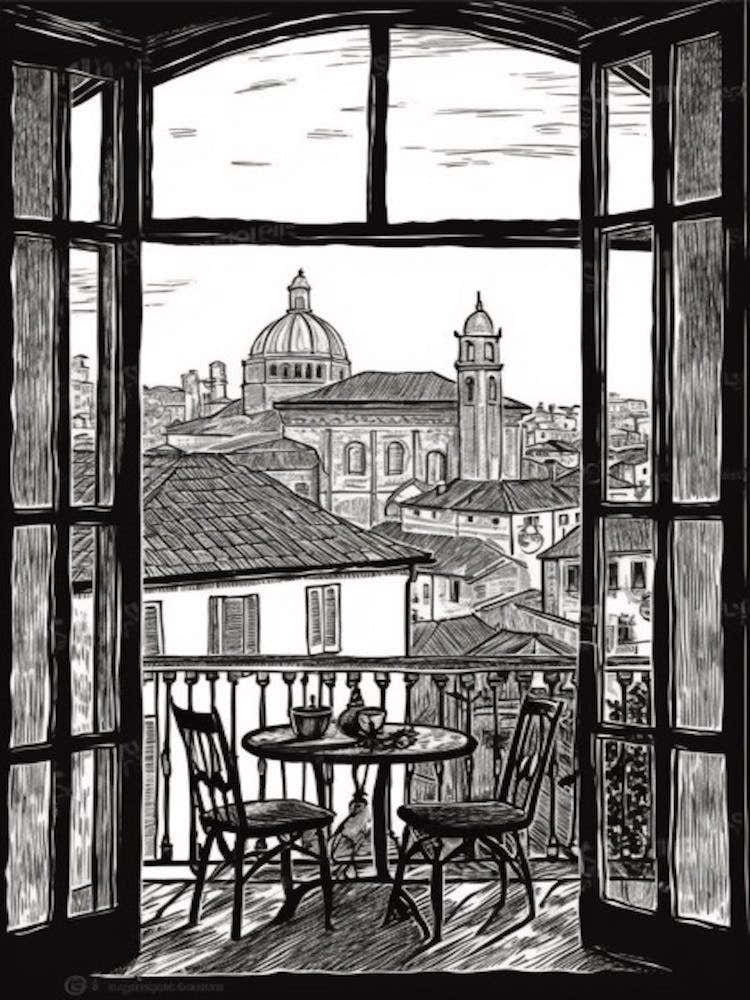 A Window View Of Florence In The Style Of Black And White  Line Art 4