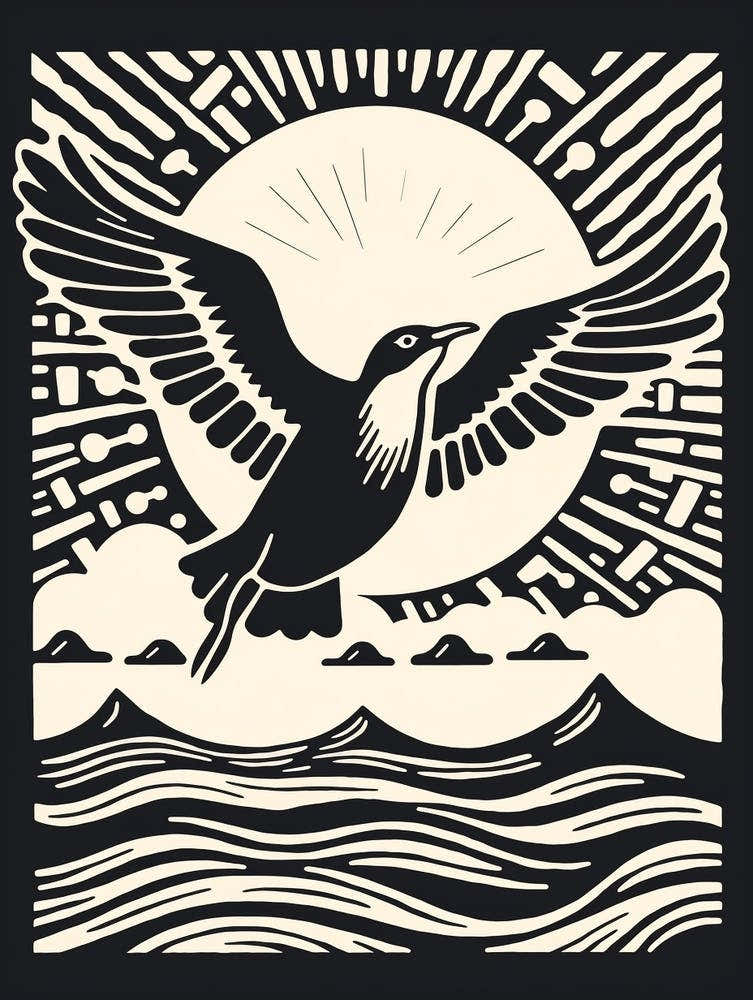 B&W Bird Linocut Seagull 4