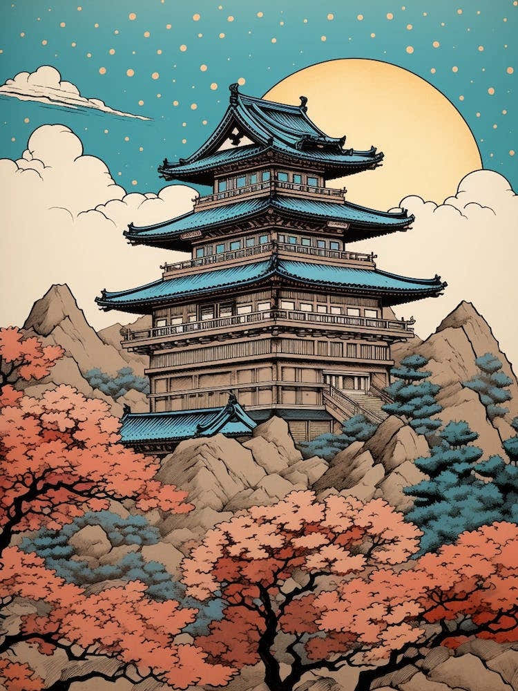 Gifu Castle, Japan Vintage Travel Art 1