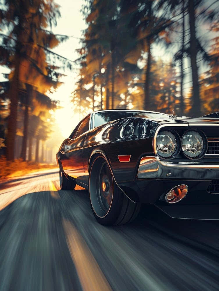 Classic Muscle Car Driving In The Forest