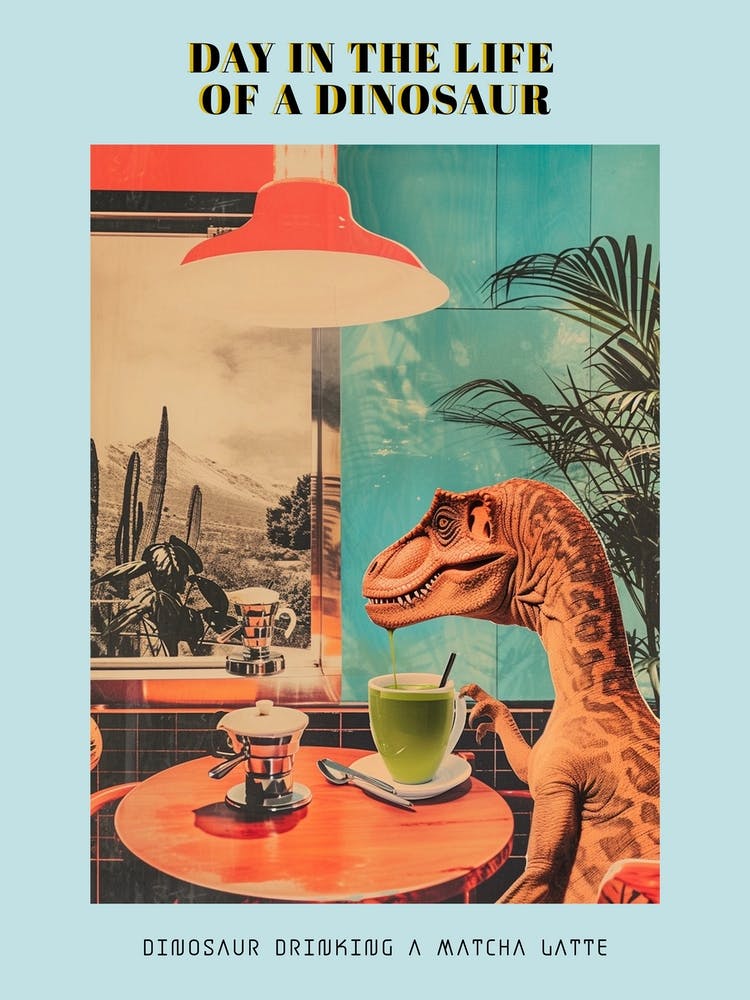 Dinosaur Drinking A Matcha Latte Retro Abstract Collage 3 Poster