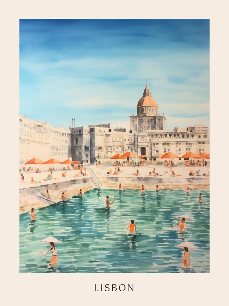 Swimming In Lisbon Portugal Watercolour Poster