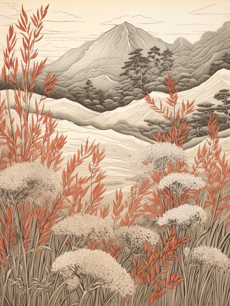 Fujibakama Japanese Silver Grass 1 Japanese Botanical Illustration