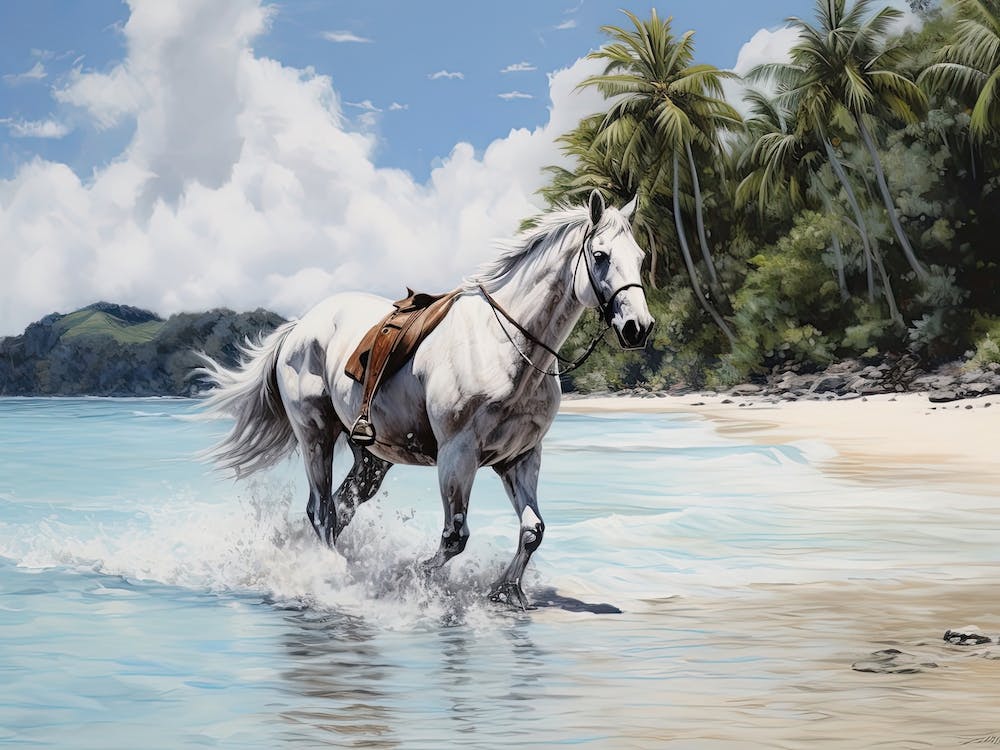 A Horse Oil Painting In Bora Bora French, Polynesia, Landscape 4
