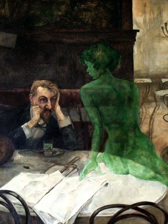The Absinthe Drinker by Viktor Olivia 1901 - Parisian Cafe Vintage Victorian Famous Green Fairy Witch Sat by Man Drinking - Trippy Witchy Psychedelic Visions Funny Remastered High Definition Immaculate