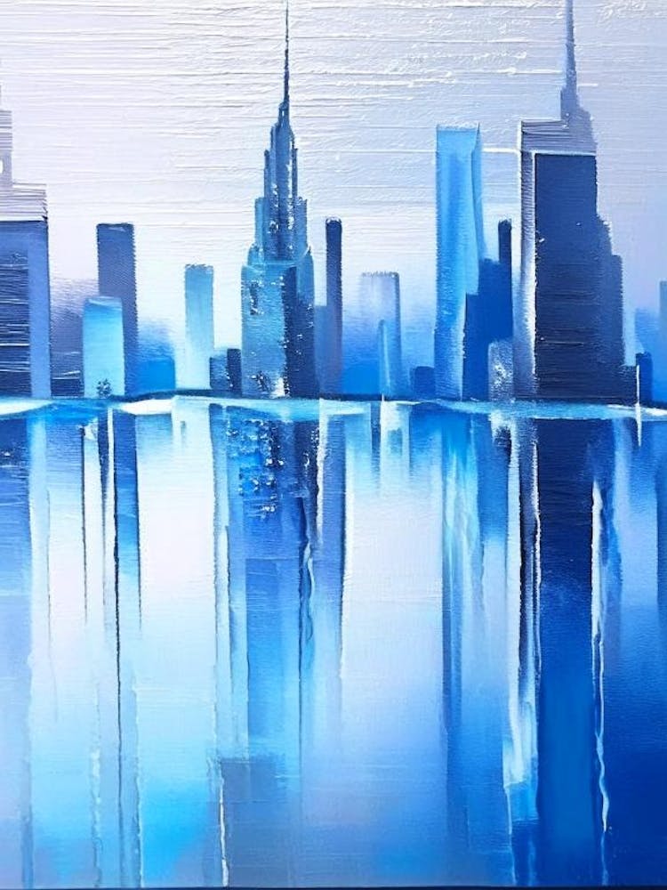 Reflections Of Cityscapes Waterscape Marble Acrylic Painting 1