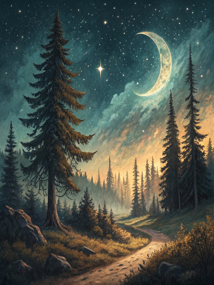 Oil Painting Style Vintage Pine Forest Under Star