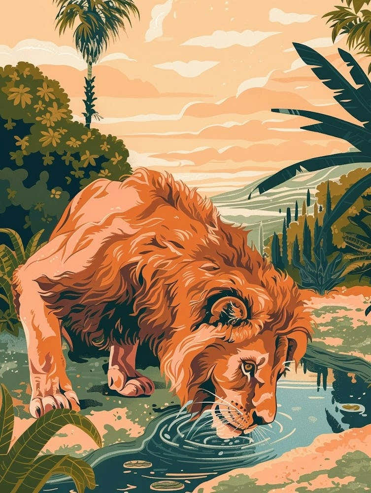 Barbary Lion Drinking Illustration 2