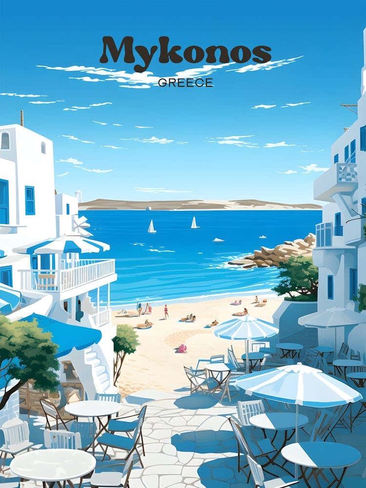 Mykonos Greece Summer Vacation Travel Art Illustration