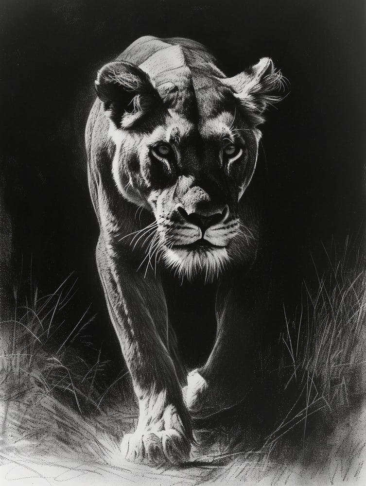 African Lion Charcoal Drawing Lioness On The Prowl 4