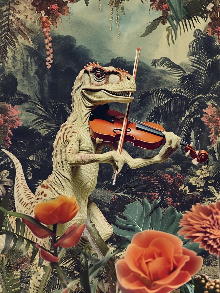 Dinosaur Playing Violin Retro Collage 1