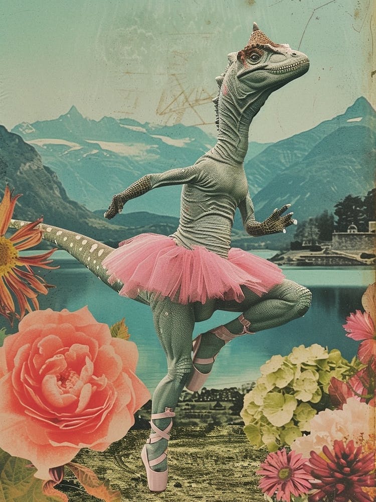 Dinosaur In A Tutu Retro Collage 2