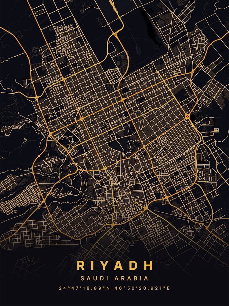 Riyadh Saudi Arabia Black And Gold Map