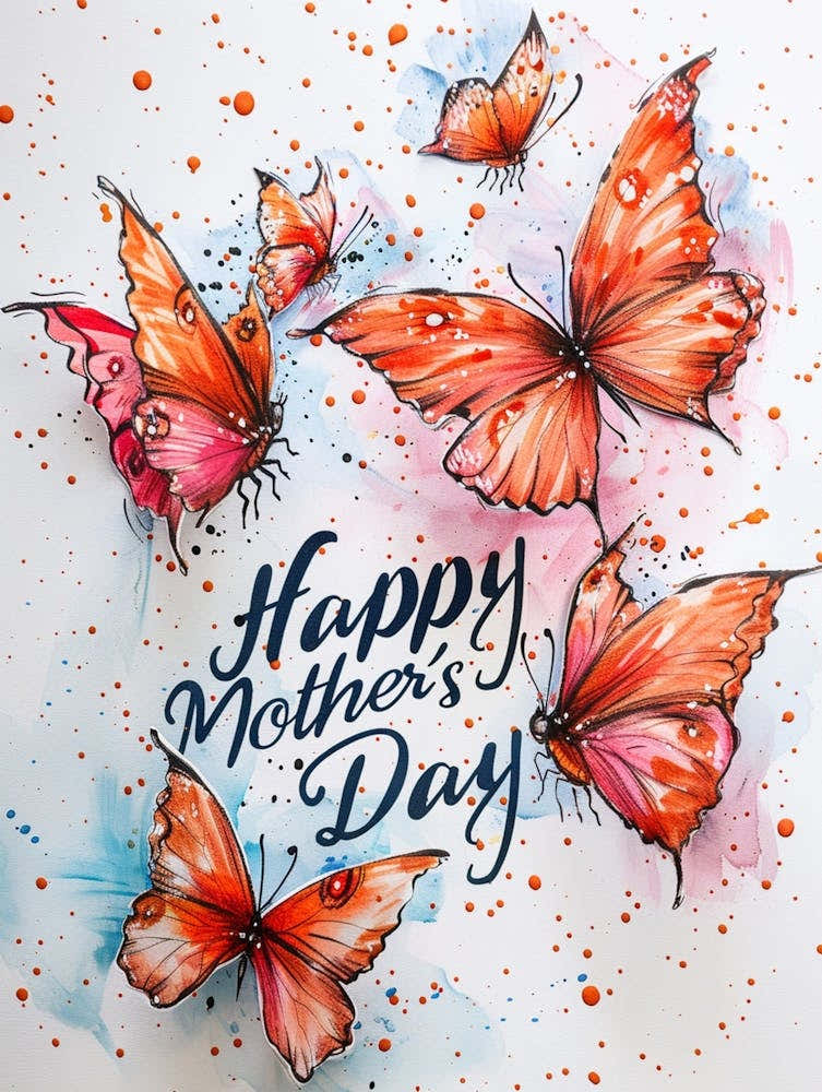 6w Mother’S Day Card With Happy Mother S Day, Flock Of Butterflies, Wax Crayon Sketch, Cute And Simple, Soft Pastel Colors On Doted Background, High Resolution, 4k