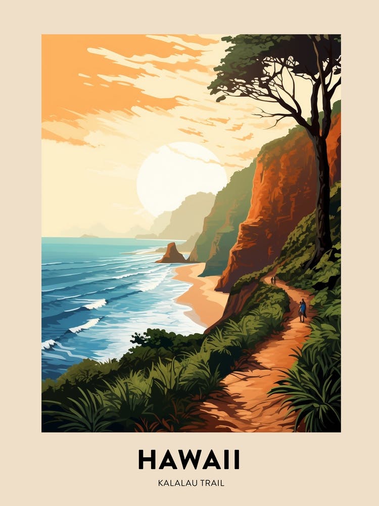 Kalalau Trail Hawaii 2 Vintage Hiking Travel Poster