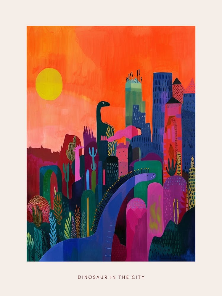 Colourful Dinosaur Cityscape Painting 6 Poster