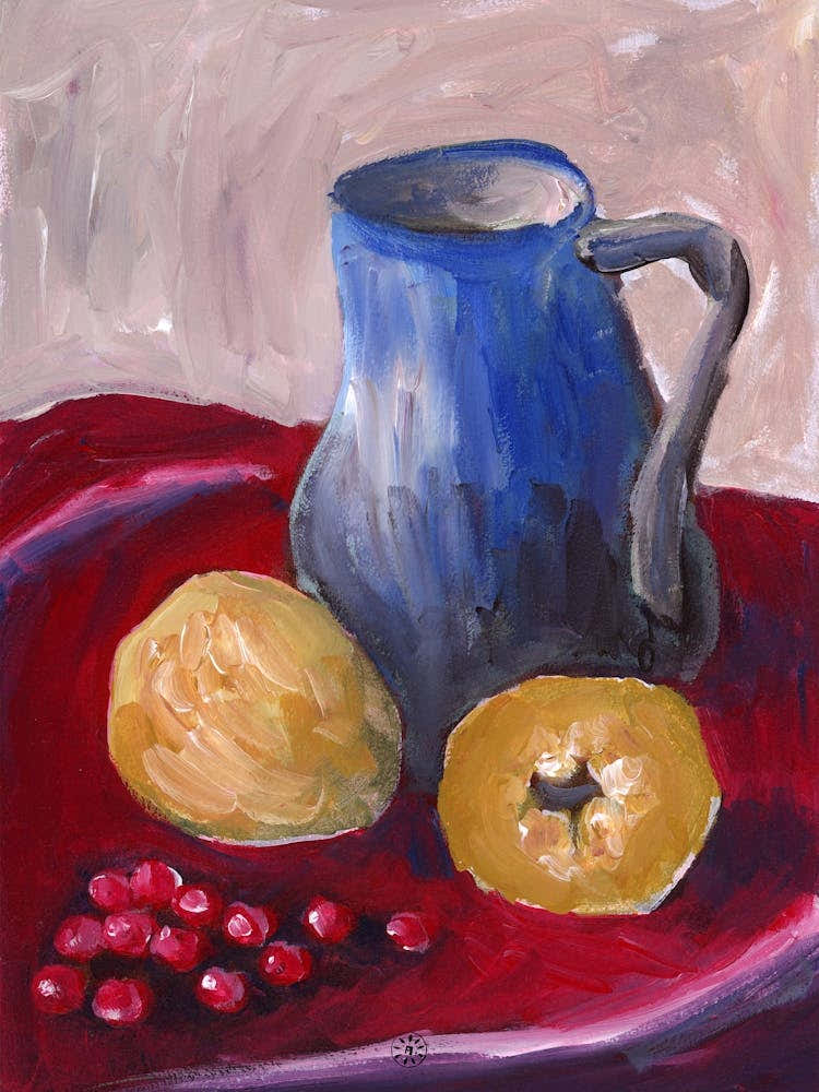 Quinces And A Blue Jug - painting still life vertical blue yellow Anton Maliar kitchen