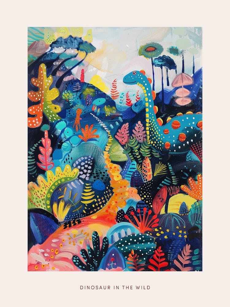 Blue Pattern Dinosaur In The Wild Painting Poster