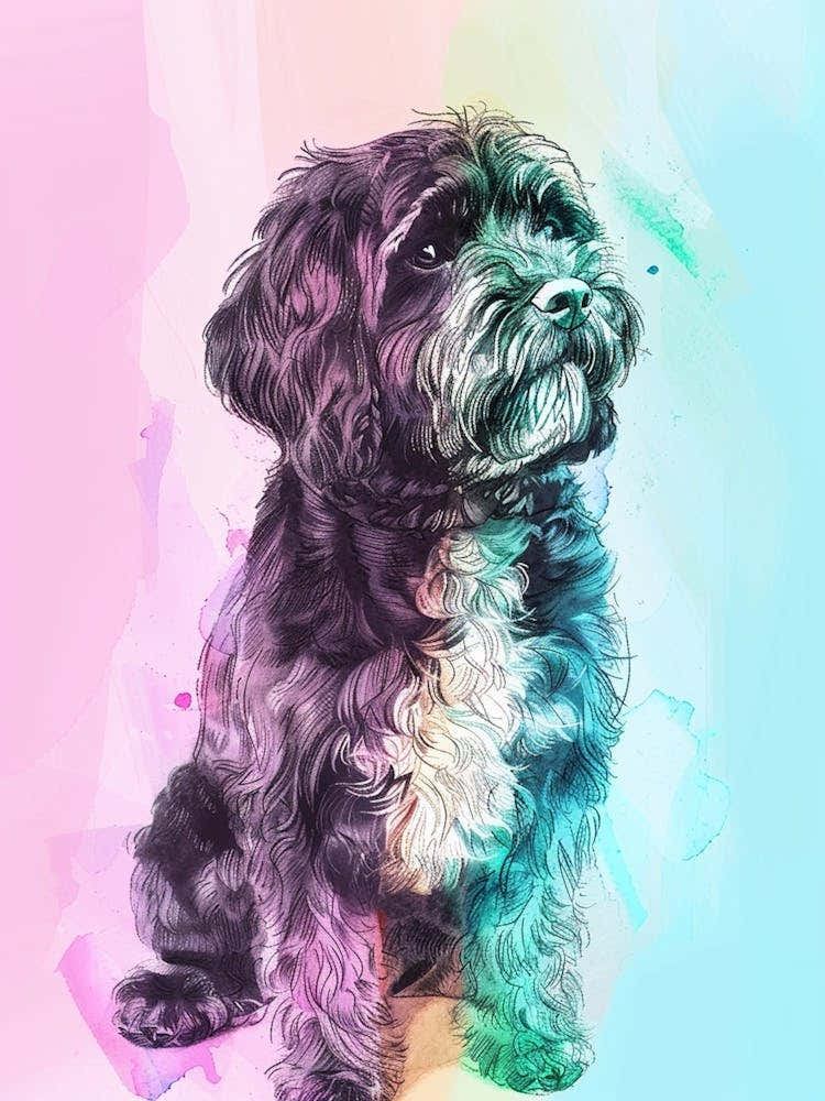 Portuguese Water Dog Dog Pastel Line Illustration 2