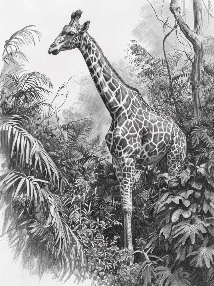 Pencil Portrait Of Giraffe In The Leaves 3