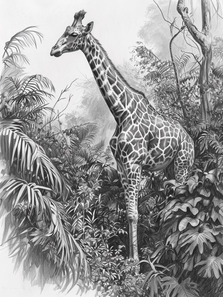 Pencil Portrait Of Giraffe In The Leaves 3