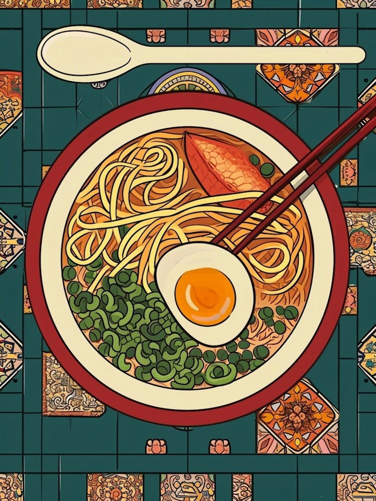 Ramen With Boiled Eggs On A Tiled Background 1