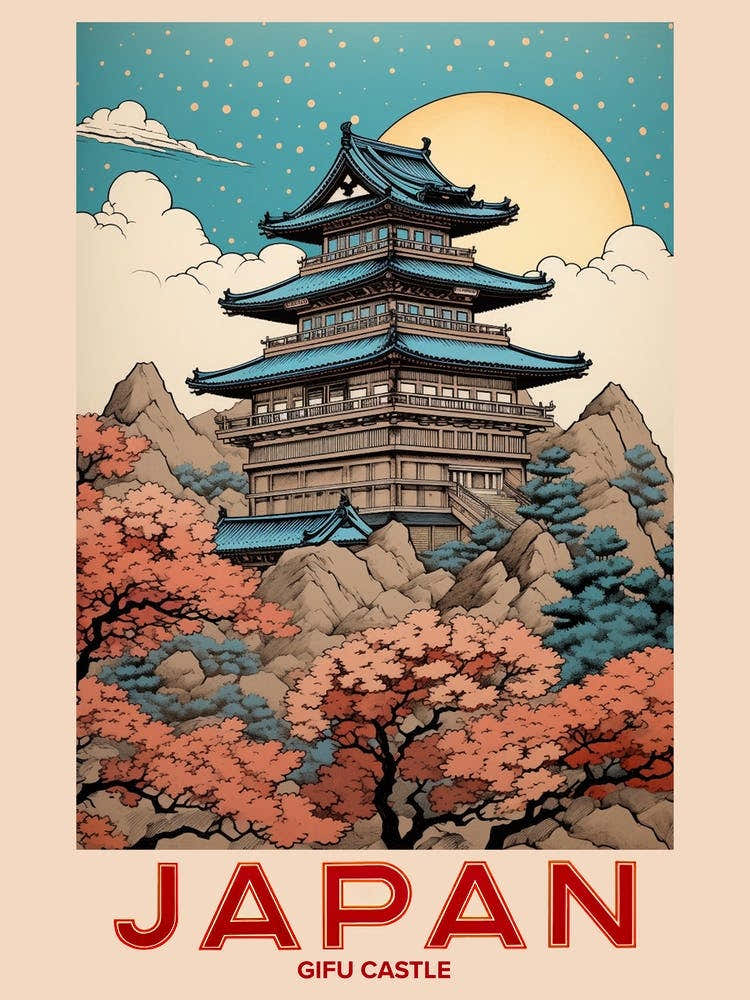 Gifu Castle, Visit Japan Vintage Travel Art 1