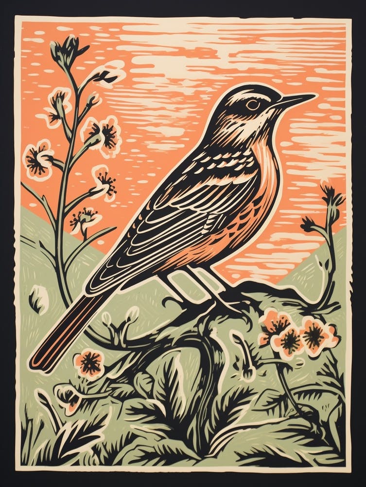Vintage Bird Linocut Lark 4