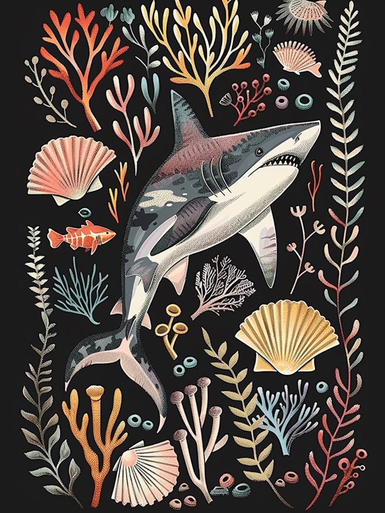 Shark In The Ocean Seascape Black Background Illustration 1