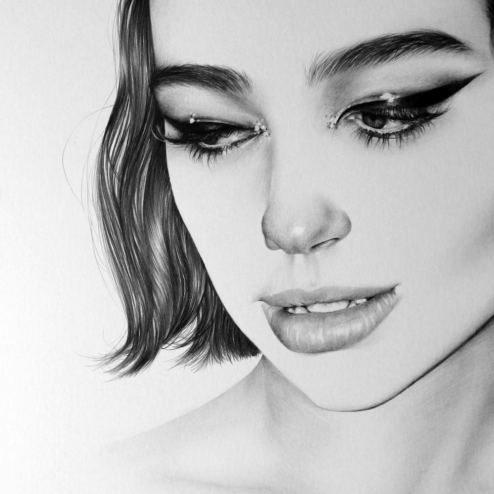 Dua Lipa Pencil Drawing Monochrome Black and White Minimal Realism Traditional Art