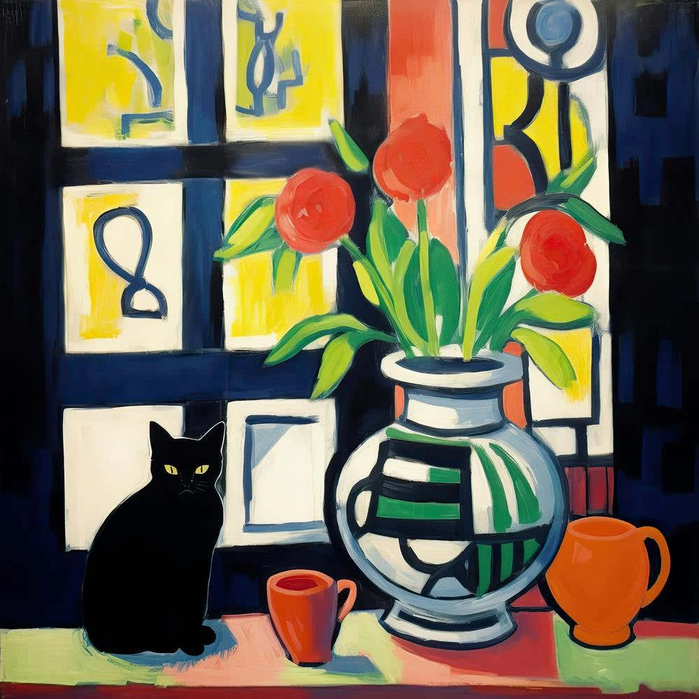 Vase On A Table With A Cat Matisse Style